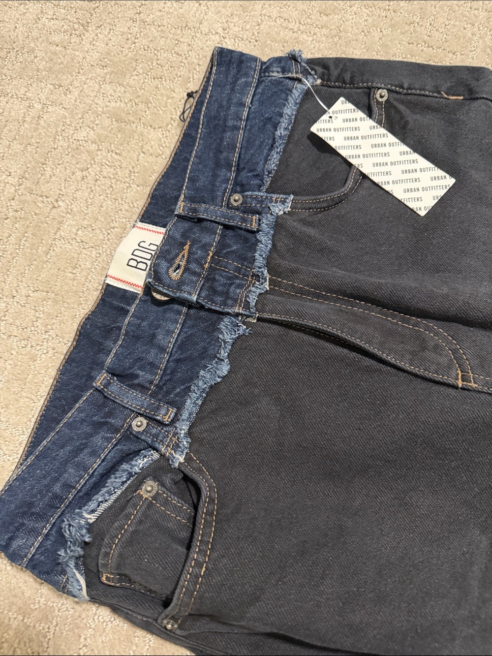 Urban Outfitters Two-Tone Frayed Waist Denim Shorts - Dark Indigo & Navy